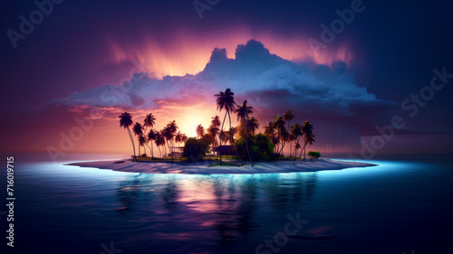 Tropical island at night, bioluminescence in clear blue sea, whole island is seen
