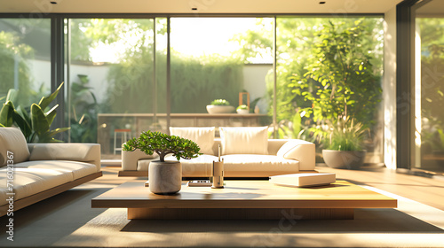 Uma sala de estar moderna com móveis minimalistas elegantes e dispositivos de casa inteligente de ponta