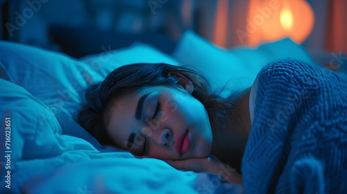 a woman is sleeping in a bed with a blue blanket on it and her head resting on her hand
