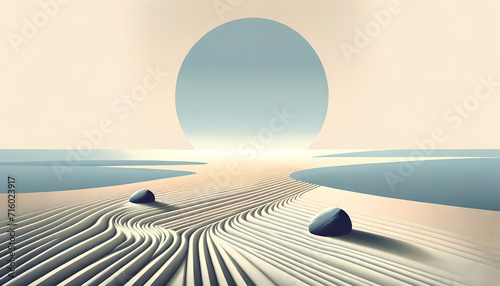 Minimalist abstract background, Serene Landscape With Sand and Rocks, soft morning light, illustration, mindfulness, wellness, Wallpaper