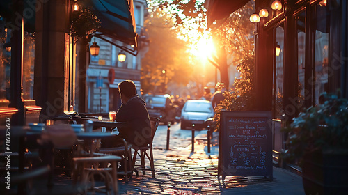Outdoor sidewalk cafe eating a continental breakfast of coffee and croissants in Pair, France