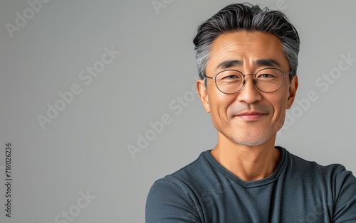 Portrait of senior mature handsome Asian man smiling and looking camera with confidence.