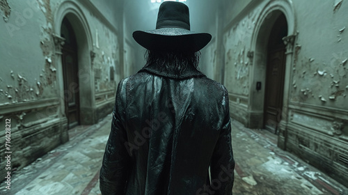 A detective in a black hat and coat in a mysterious place
