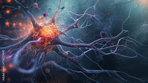 An intricate illustration depicting the structure and function of a neuron in the human brain,