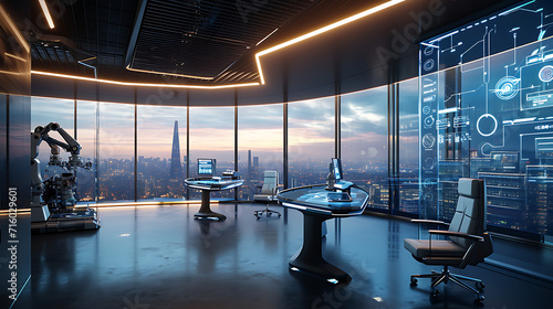 Um espaço de escritório elegante e futurista banhado pelo brilho da iluminação ambiente em L E D apresenta tecnologia de ponta e inovação