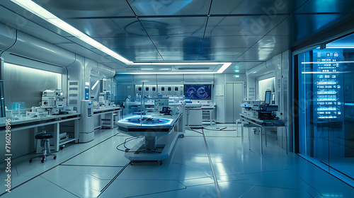 Um laboratório elegante e minimalista cheio de equipamentos de ponta banhados por uma suave luz azul futurista