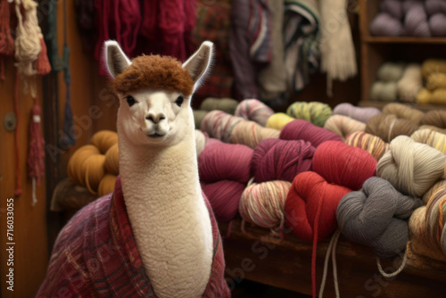 Alpaca in a shop with colored yarn of alpaca wool