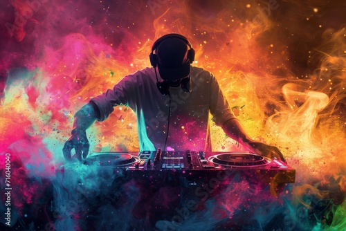 A vibrant deejay sets the stage ablaze, harmonizing with their music as colorful smoke dances around them