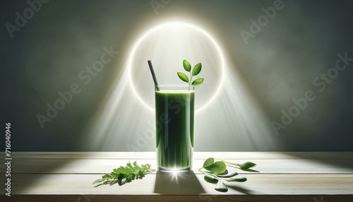 Fresh Green Smoothie in Glass with Sun Halo, Healthy Lifestyle Concept