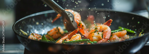 seafood, professional cook prepares shrimps with sprig beans. Ai Generative.
