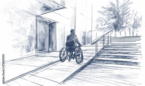 Drawing of an access ramp for the disabled, urbanism architecture sketch illustration, person sitting on a wheelchair accessing a building thanks to a special passage way for people with handicap