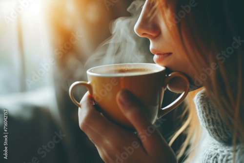 A poised woman indulges in a warm cup of coffee, her delicate features reflecting the coziness of the indoor setting as she savors each sip from the elegant teacup
