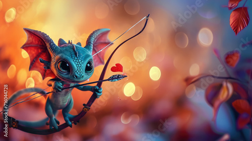 little cute baby dragon shoots a bow, cupid, valentine's day, heart, love, date, symbol, holiday, arrows, fairy tale character, postcard, illustration, pink