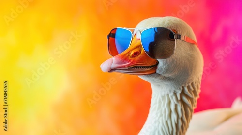 Portrait of a funny goose in sunglasses