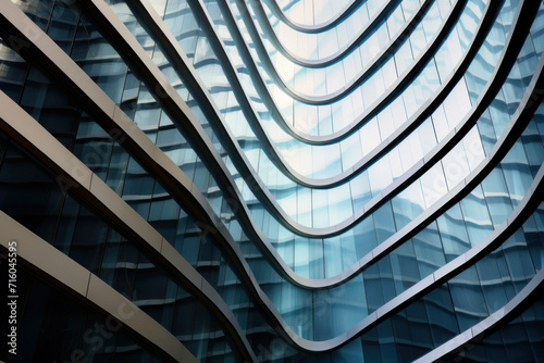 Modern tall city building with wavy futuristic design, low angle view of abstract curve lines. Geometric facade with glass and steel. Concept of architecture exterior, office