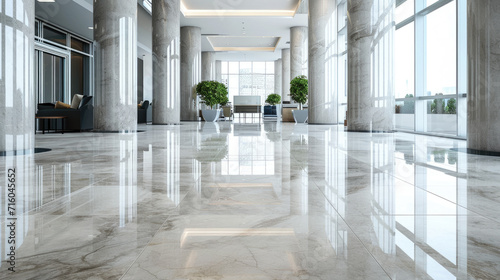 Interior of luxury lobby of commercial building, clean shiny floor in office hall after professional cleaning service. Concept of marble tile, light, corporate hallway, design.