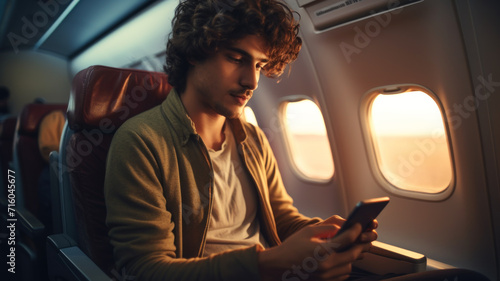 Young man uses mobile phone sitting in flying airplane, guy passenger browsing social media on smartphone inside plane. Concept of travel, flight, internet, technology, trip,