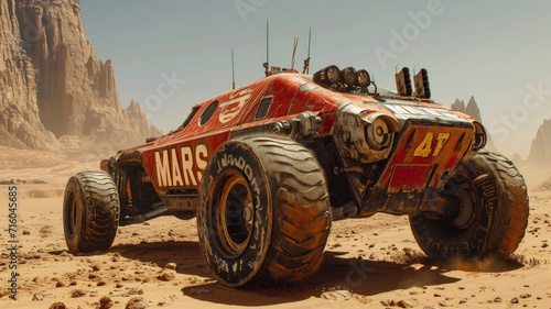 Old Mars rover in desert, vintage vehicle moves on sandy Martian surface, futuristic car on mountain background. Concept of technology, mission, travel, adventure, exploration, future