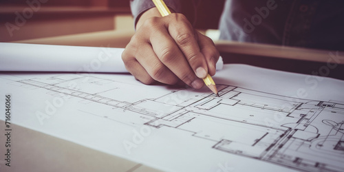 Mature contractor drawing on blueprints with a pencil, creating a home improvement plan