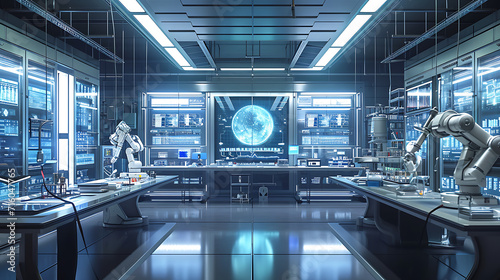 Um elegante e moderno laboratório brilha sob a suave luz das lâmpadas fluorescentes exibindo equipamentos de ponta e tecnologia futurista