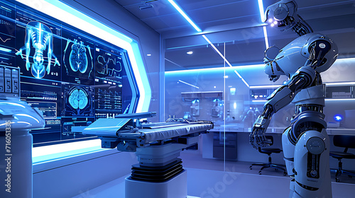 Um elegante centro médico moderno é iluminado com suaves luzes azuis de L E D dando uma vibração futurística e de ponta