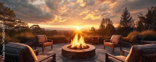 Luxurious chairs and cozy fire pit at a breathtaking sunset