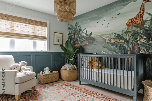 Nursery with a captivating savanna mural, flanked by plush animal toys, a cozy armchair, and natural decor elements