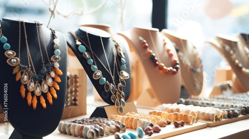 Closeup of a display of handmade jewelry made from recycled materials in a sustainable fashion store.