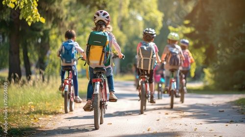 Children with rucksacks riding on bikes in the park near school. Pupils with backpacks outdoors