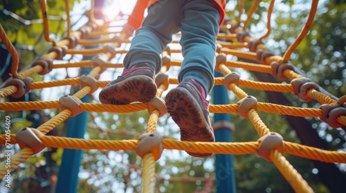 child climbs up an alpine grid in a park on a playground on a hot summer day. children's playground in a public park, entertainment and recreation for children, mountaineering training.
