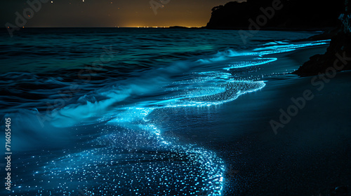 Uma praia tranquila iluminada pela lua ganha vida com o brilho etéreo do plâncton bioluminescente