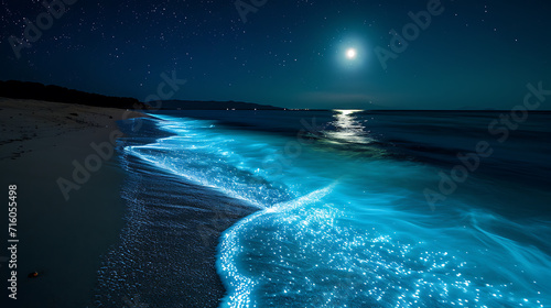 Uma praia tranquila iluminada pela lua ganha vida com o brilho etéreo do plâncton bioluminescente