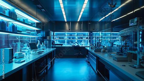 Laboratório biotecnológico futurista com superfícies metálicas elegantes e telas brilhantes mostrando equipamentos de ponta e processos de modificação genética intricados