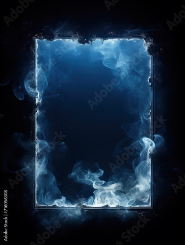 Empty frame formed by light blue smoke in motion, on a black background with copy space. Misty rectangular frame with borders made of abstract swirls of glowing smoke and vapor.