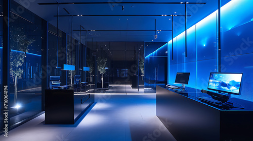Iluminação suave ilumina um elegante espaço de escritório minimalista onde dispositivos tecnológicos de ponta se misturam perfeitamente ao ambiente