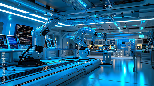 O elegante interior futurista de um laboratório de tecnologia é banhado por uma luz azul criando uma atmosfera de inovação e pesquisa de ponta