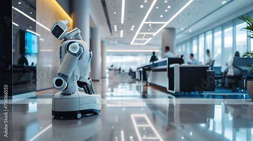 Dentro de um moderno e elegante espaço de escritório um sofisticado robô futurista se move com precisão e graça colaborando perfeitamente com os funcionários humanos