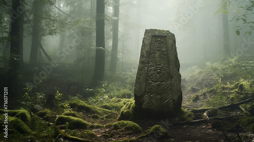 A mysterious, ancient rune stone in a misty forest clearing