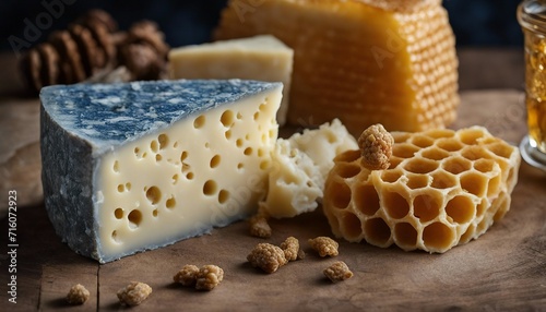 Blue Stilton with Honeycomb, a piece of Blue Stilton cheese next to a fresh honeycomb, the bold
