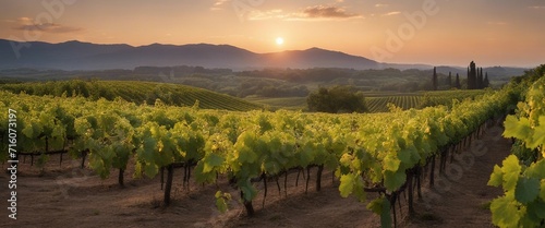 Dawn over the Vineyard, the first light of day casting a golden hue over rows of grapevines