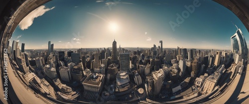Fish-Eye Lens Cityscape, a dynamic and distorted view of a bustling cityscape captured 