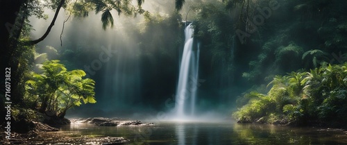  Misty Waterfall Oasis, a hidden waterfall amidst tropical foliage, the mist creating rainbows