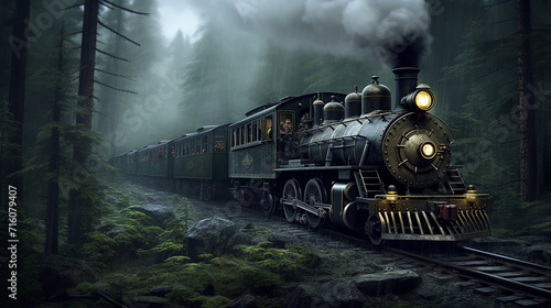 steam powered train in a rainy forest