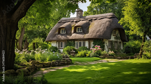 A quaint thatched-roof cottage nestled in a lush, green meadow
