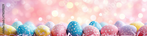 Easter pastel pink background in a banner format with colorful Easter eggs and bokeh