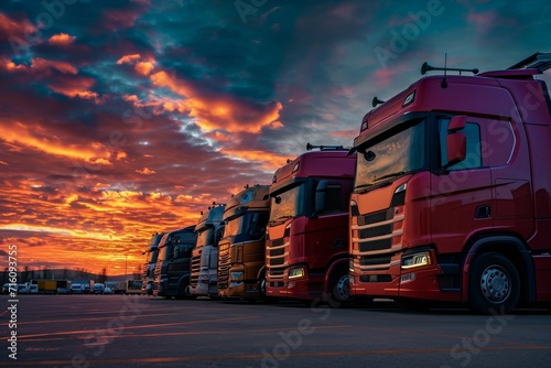 Trucks park at sunset sky Delivery and cargo transportation in the logistics industry Auto service shop