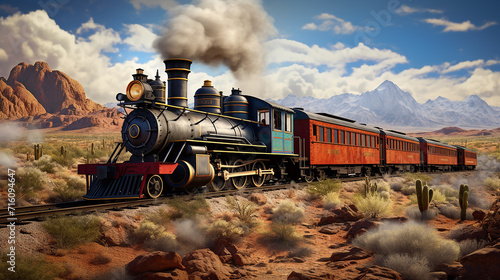 historic narrow-gauge train reminiscent of the Wild West chugs along a rocky desert landscape