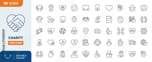 Charity Line Editable Icons set. Vector illustration in modern thin line style of charity related icons: caring for the elderly, helping homeless animals, donation, and more