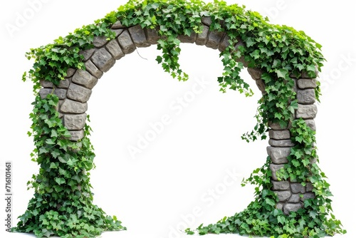 Ivy covered stone arch surrounded by greenery on white background