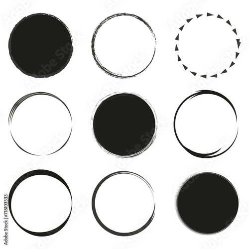 Black grunge round shapes. Brush strokes frames elements. Vector illustration. EPS 10.
